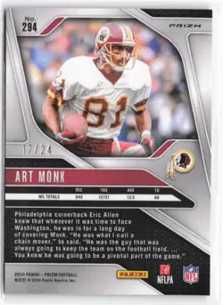 2024 Panini Prizm Art Monk #294 Gold Sparkle #/24 Washington Redskins - Image 2