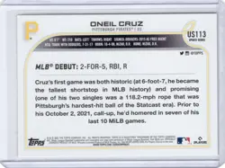 2022 Topps Update Series - Rookie Debut Oneil Cruz #US113 Gold Foil (RC) - Image 2