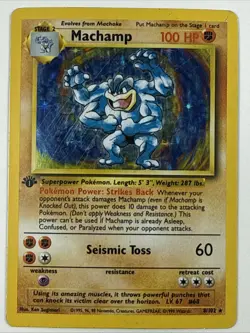 1999 Pokemon Base Set Machamp 1st Edition Holo Rare 8/102 100HP WOTC TCG Card - Image 1