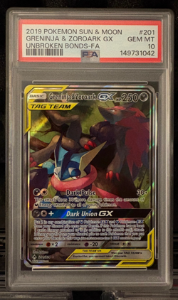 PSA 10 - 2019 Pokemon Sun & Moon Greninja & Zoroark Tag Team GX - Unbroken Bonds - Image 1