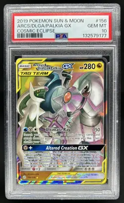 2019 Pokemon SM Cosmic Eclipse Arceus Dialga Palkia Tag Team #156/236 PSA 10 - Image 1