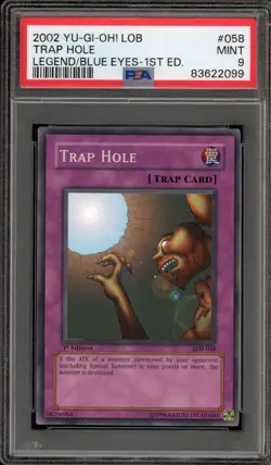 Yu-Gi-Oh! Trap Hole Legend of Blue Eyes 1st Edition Super Rare LOB-058 PSA 9 - Image 1