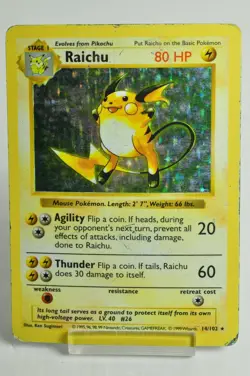 Pokemon card TCG Raichu No.14/102 Holo Rare Base Set 1999 English Heavily played - Image 1
