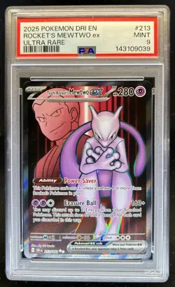 2025 Pokemon Destined Rivals Team Rocket's Mewtwo ex Ultra Rare #213/182 PSA 9 - Image 1