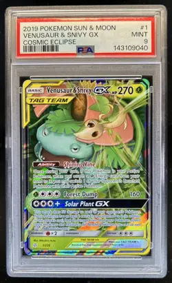 2019 Pokemon SM Cosmic Eclipse Venusaur Snivy Tag Team GX Holo #1/236 PSA 9 - Image 1