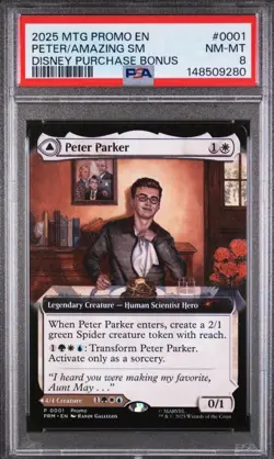 2025 MTG PROMOS DISNEY PURCHASE BONUS AMAZING SPIDER-MAN/PETER PARKER PSA 8 - Image 1