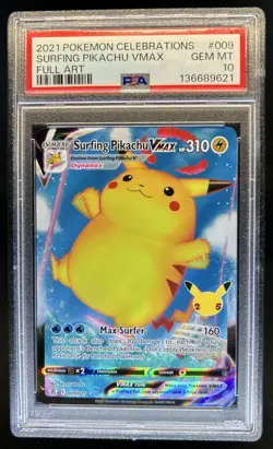 2021 Pokemon SWSH Celebrations Surfing Pikachu VM Full Art #009/025 PSA 10 - Image 1
