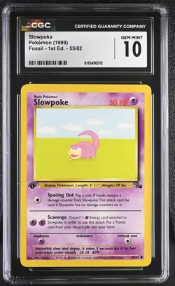 CGC GEM MINT 10 Pokemon Slowpoke 55/62 1999 Fossil 1st Edition - Image 1