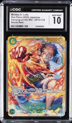 2025 ONE PIECE JAPANESE CARRYING ON HIS WILL MONKEY D. LUFFY CGC 10 GEM MINT - Image 1