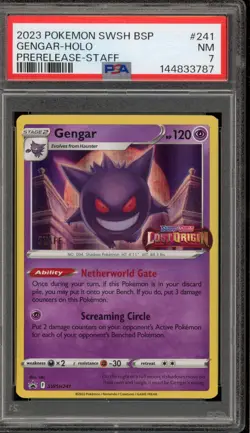 Pokemon Gengar Lost Origin STAFF Prerelease Holo Promo SWSH241 PSA 7 - Image 1