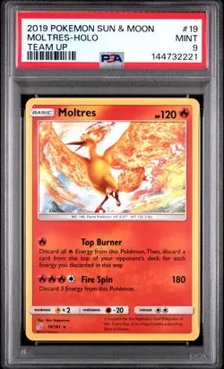 2019 POKEMON SUN & MOON TEAM UP #19 MOLTRES-HOLO PSA 9 - Image 1