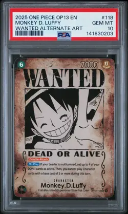 2025 One Piece OP13 EN Monkey D Luffy Wanted Alternate Art #118 PSA 10 GEM MINT - Image 1