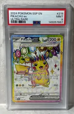 2024 Pokemon SSP EN #219 PIKACHU ex ULTRA RARE PSA MINT 9 SURGING SPARKS - Image 1