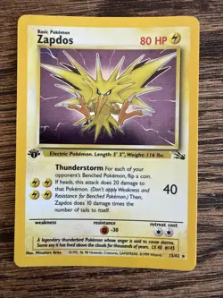 Zapdos 15/62 Fossil Holo First 1st Edition Pokemon Card TCG (MP) Base Set Rare - Image 1