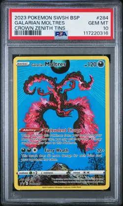 2023 POKEMON SWSH BLACK STAR PROMO CROWN ZENITH TIN #284 GALARIAN MOLTRES PSA 10 - Image 1