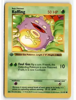 1999 POKEMON BASE SET 1ST EDITION SHADOWLESS KOFFING #51/102 - - Image 1