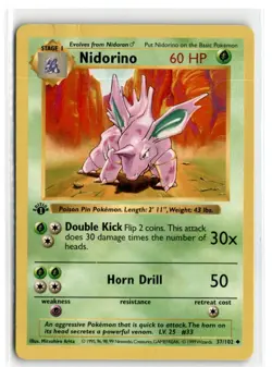 1999 POKEMON BASE SET 1ST EDITION SHADOWLESS NIDORINO #37/102 - - Image 1