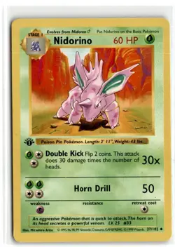 1999 POKEMON BASE SET 1ST EDITION SHADOWLESS NIDORINO #37/102 - Image 1