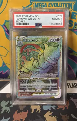 PSA 10 Mewtwo VSTAR 079/078 Pokemon GO 2022 Rainbow Secret Rare Holo Full Art - Image 1