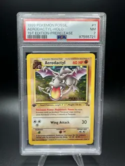 1999 POKEMON FOSSIL 1ST ED-PRERELEASE #1 AERODACTYL-HOLO PSA 7 - Image 1