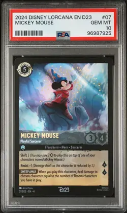2024 DISNEY LORCANA D23 MICKEY MOUSE PLAYFUL SORCERER 07 PROMO PSA 10 GEM #7925 - Image 1