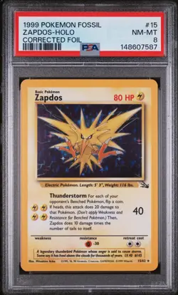 1999 Pokemon Fossil Zapdos Holo Rare 15/62 Corrected Foil PSA 8 - Image 1