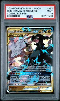 2019 POKEMON SUN & MOON COSMIC ECLIPSE #157 RESHIRAM & ZEKROM GX PSA 9 - Image 1