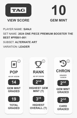 Graded One Piece TCG Sanji PRB01-001 Alternate Art Leader, TAG 10 - Image 2