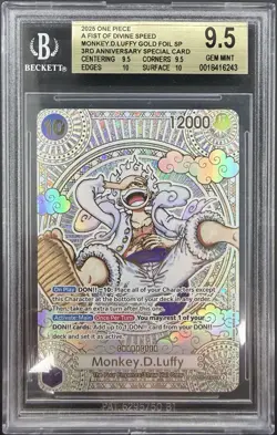 Bandai One Piece A Fist of Divine Speed Gold Foil SP Monkey.D.Luffy Beckett 9.5 - Image 1