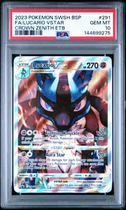 2023 Pokemon SWSH BSP Full Art Lucario Vstar Crown Zenith ETB #291 PSA 10 - Image 1