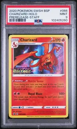 CHARIZARD SWSH066 Pokemon Vivid Voltage STAFF Prerelease Holo Promo- PSA 9 Mint - Image 1