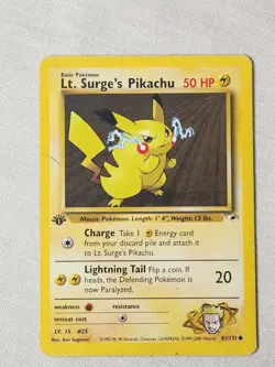 Played (MP) Lt. Surge's Pikachu - Non-Holo #81 Gym Heroes 1st Edition Pokemon - Image 1