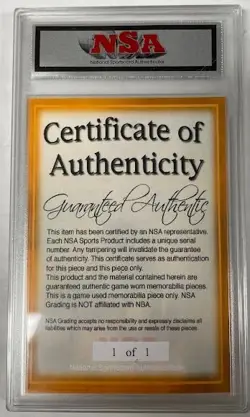 Kobe Bryant Game Used Jersey #24 2010 National Sports Authenticator Card 1 of 1 - Image 2