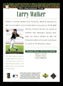 1999 Upper Deck #X29 Larry Walker 10th Anniversary Team Colorado Rockies - Image 2