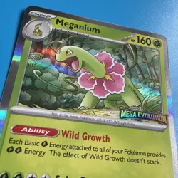 Pokemon TCG Mega Evolution Meganium 001 Stamped Holo Promo Card Near mint - Image 3