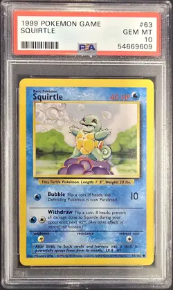 1999 POKEMON GAME #63 SQUIRTLE PSA 10 - Image 1