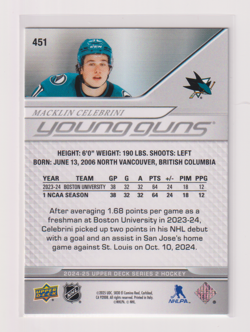 2024-25 Upper Deck Macklin Celebrini Young Guns RC Rookie - Image 2