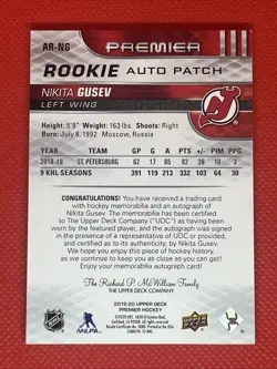 2019-20 Upper Deck Premier Acetate Rookie /149 Nikita Gusev RPA Patch Auto RC - Image 2