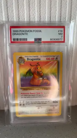 Pokemon TCG Dragonite Card 19/62 Fossil Edition Rare Non-Holo 1999 PSA 7 - Image 1