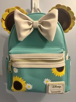 Loungefly Disney Minnie Mouse Sunflower Mini Backpack Teal Cream White Bow - Image 1