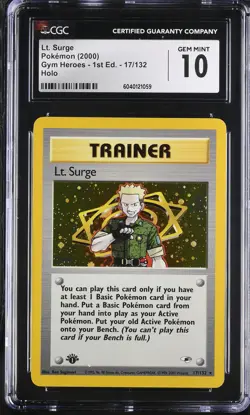 CGC 10 Lt. Surge Gym Heroes 1st Edition 17/132 Holo Pokemon Card - Image 1
