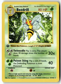 Pokemon Card Beedrill LP Base Set (Shadowless) 1st Edition Rare 17/102 - Image 1