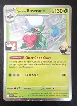 CYNTHIA’S ROSERADE 008/182, HOLO, STAMPED, PRIZE PACK 8, POKEMON CARD (NM) - Image 1