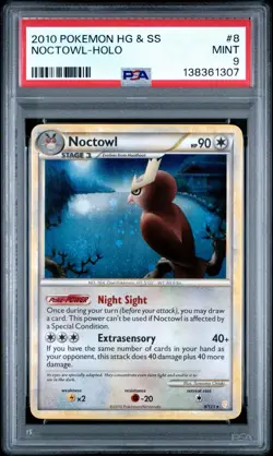 DOIBLE SWIRL! PSA 9 - 2010 POKEMON HEARTGOLD & SOULSILVER #8 NOCTOWL-HOLO - Image 3