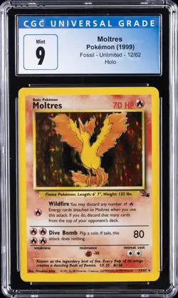 1999 POKEMON FOSSIL UNLIMITED HOLO #12 MOLTRES CGC 9 - Image 1