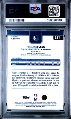 2025 Topps Chrome 251 Cooper Flagg X-Fractor PSA 10 - Image 2