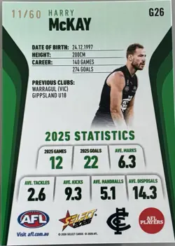 AFL Select Footy Stars Hobby 2026 GREEN FOIL Harry McKay #11/60 - Image 2
