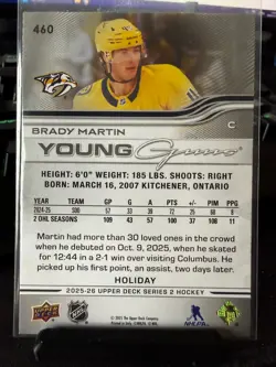 2025-26 Upper Deck Series 2 BRADY MARTIN Holiday Green Young Guns Rookie RC #460 - Image 2