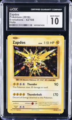 2016 POKEMON XY EVOLUTIONS #42 ZAPDOS-HOLO CGC 10 GEM MINT - Image 1