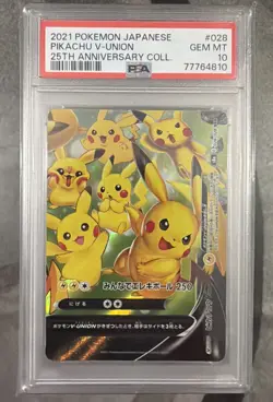 2021 POKEMON JAPANESE 25TH ANNIVERSARY COLLECTION #028 PIKACHU V-UNION PSA 10 - Image 1
